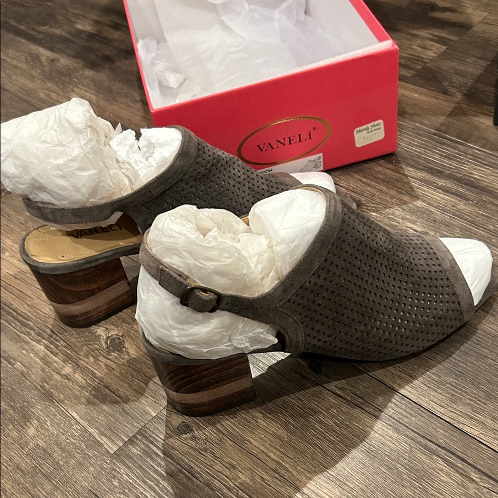 Vaneli Women's Taupe Peep-Toe Mules